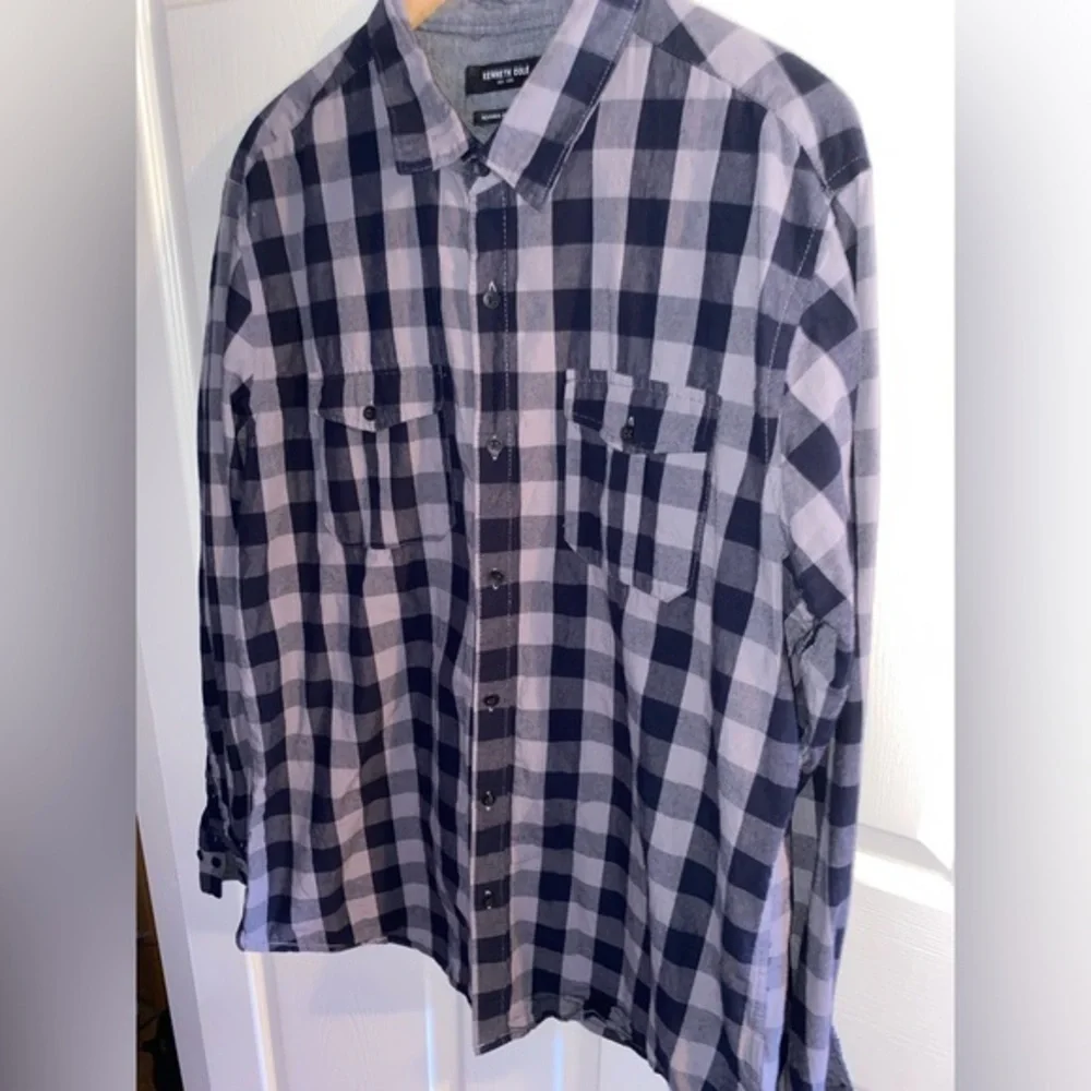 Kenneth Cole Navy Blue Gray Buffalo Check Button Down Long Sleeve Shirt Men’s XL
